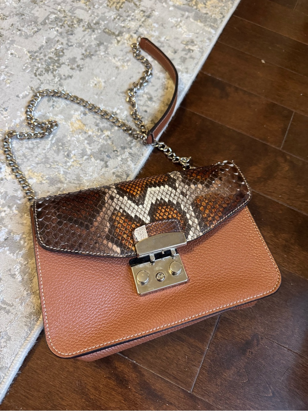 EUC LAURENT EFFEL Brown Leather Crossbody Bag with Snake-Print Flap